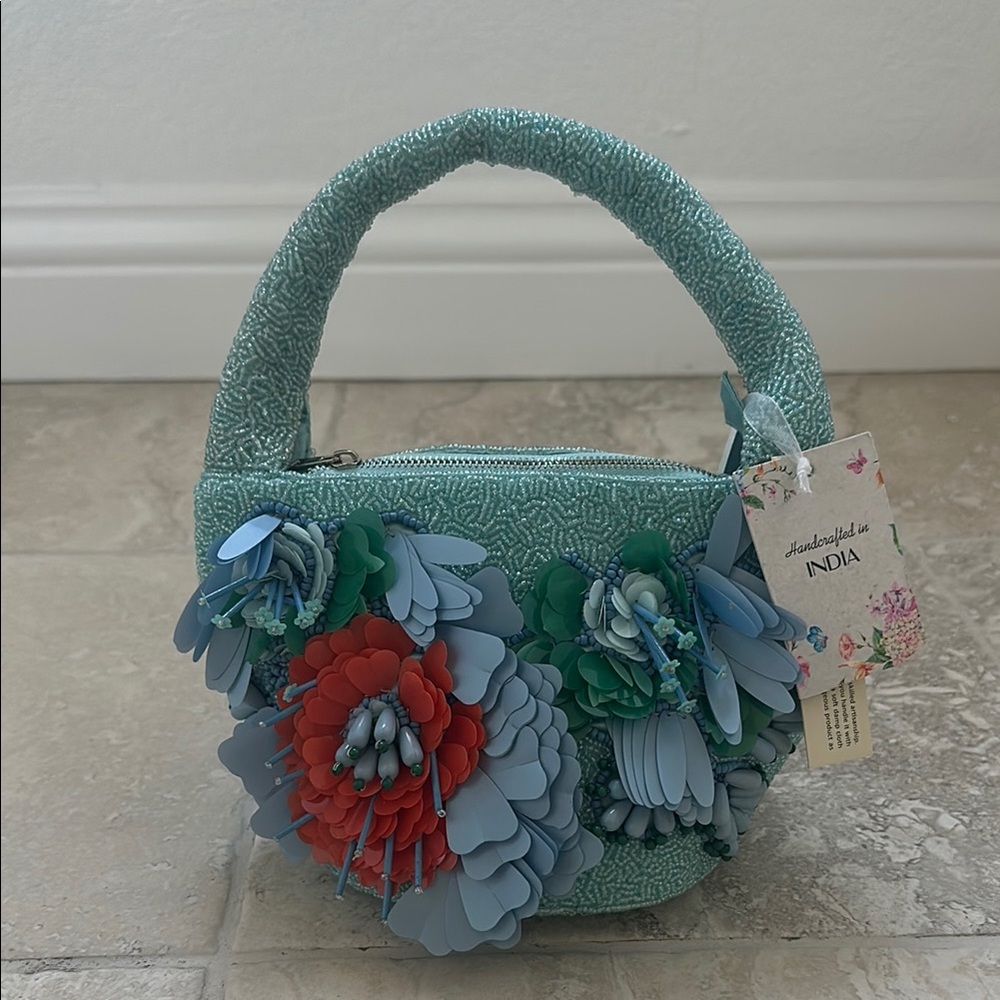 Floral Embellished Blue Beaded Handbag